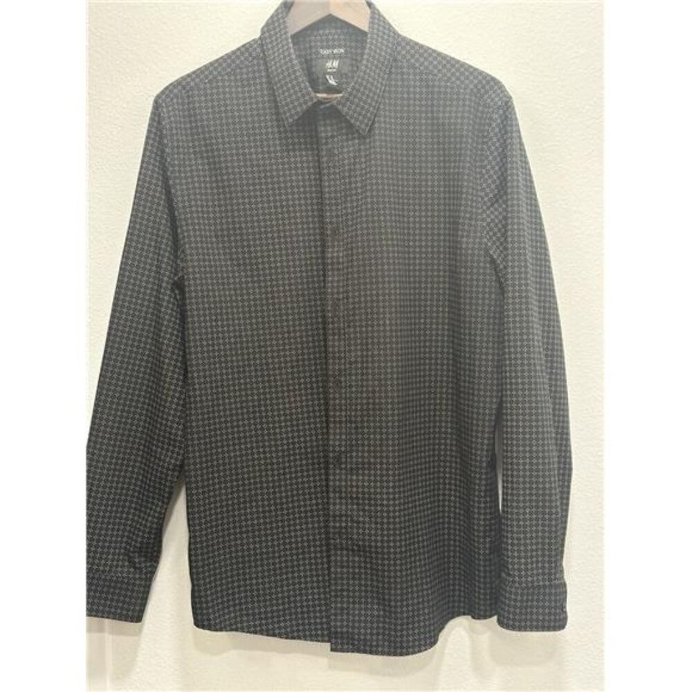 H&M Men’s Easy Iron Pattern Slim Fit Button Up Long Sleeve Shirt Size XL Black